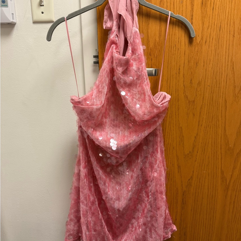 Pink Sequin Halter Dress